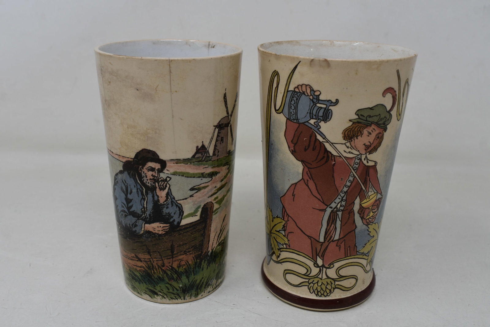 2 Mettlach Villeroy & Boch Beakers 2368 & 2327: 2 Mettlach Villeroy & Boch Beakers, #2368 and 2327. Both have issues, see photos.