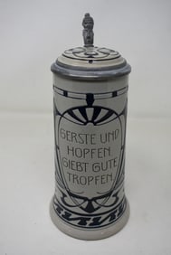 1/2 Liter German Beer Stein Pottery with Inlay L id