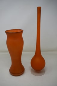 2 Vintage Orange Frosted Glass Vases