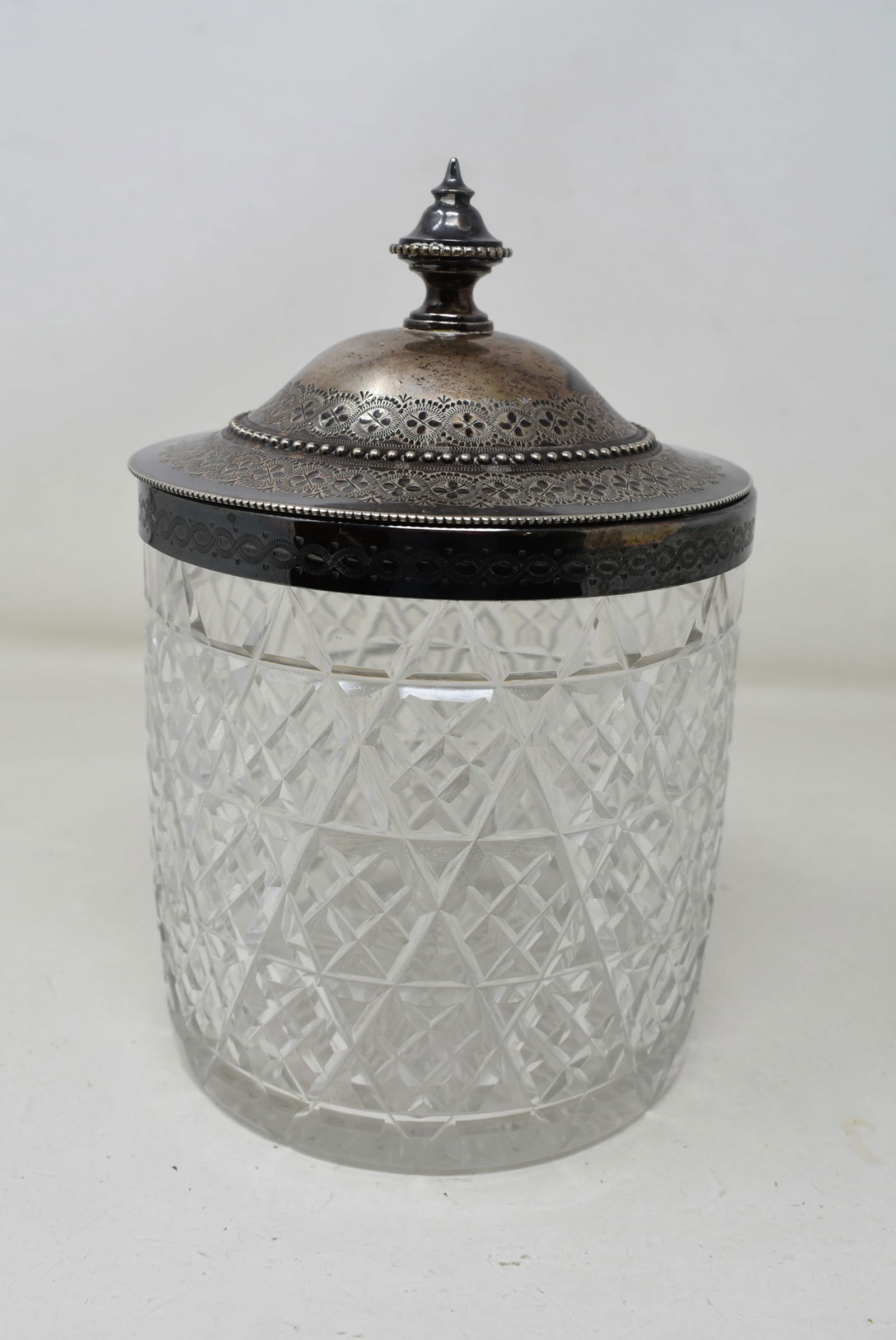 Antique Glass Biscuit Jar with Hinged Lid: Antique Glass Biscuit Jar with Hinged Lid. It is in very nice condition.