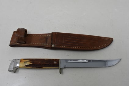 Early Case Stag Handle Fixed 5" Blade Knife in Sheath 1940s