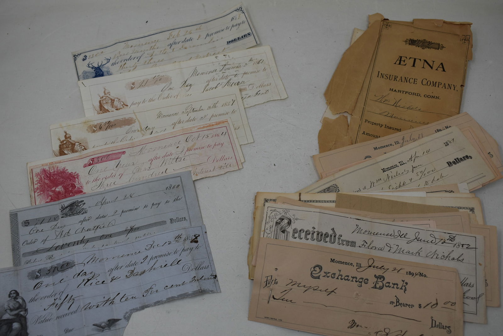 Great Group of 1800s Promissory Notes & Receipts Momence, Illinois: Nice group of 1800s Promissory Notes and Receipts from Momence Illinois. Some are fragile but legible.