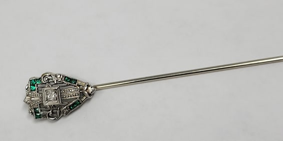 Antique 14K White Gold Diamond and Emeralds Art Deco Stick Pin