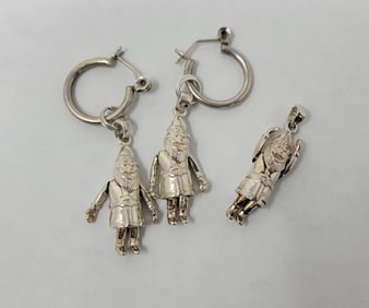 Sterling Silver Gnome Pendant & Earrings with Moving Arms and Legs