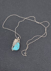 Sterling Silver & Turquoise Pendant Necklace Signed Art Tofoya