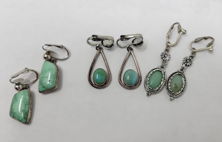 3 Pairs of Sterling Silver & Turquoise Clip Earrings