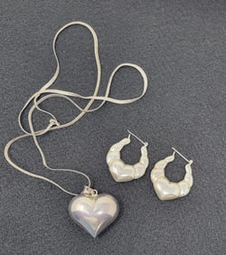 Sterling Silver Puffy Heart Necklace and Earrings