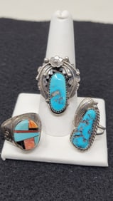 3 Sterling Silver and Turquoise Rings