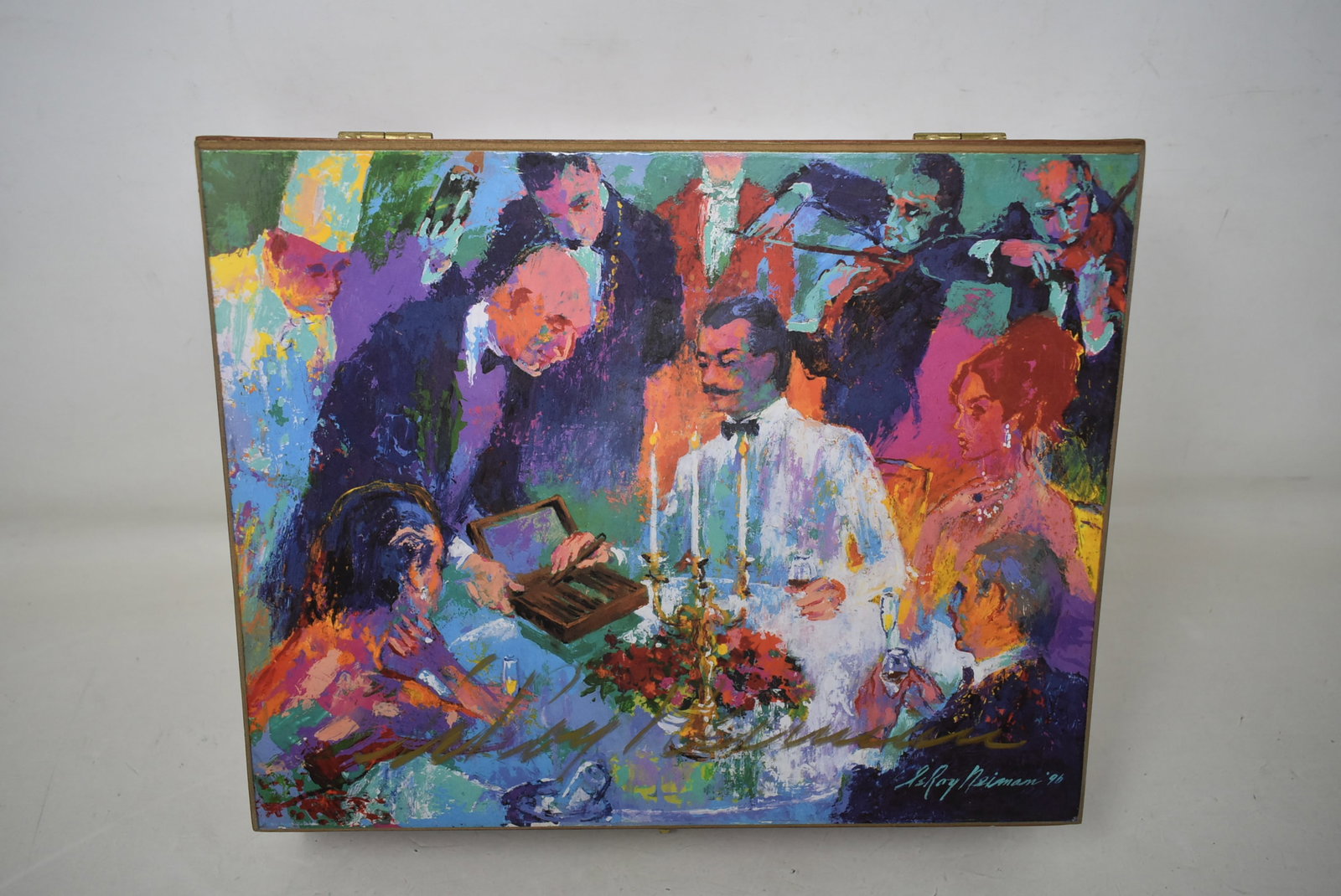 Leroy Neiman "Wine, Women and Cigars" Limited Edition Signed Numbered Cigar Box: Limited Edition Leroy Neiman "Wine, Women and Cigars" Signed and Numbered Cigar Box.The LeRoy Neiman painting Wine, Women, and Cigars (self-portrait) was commissioned in 1996 by the COO of a major cig