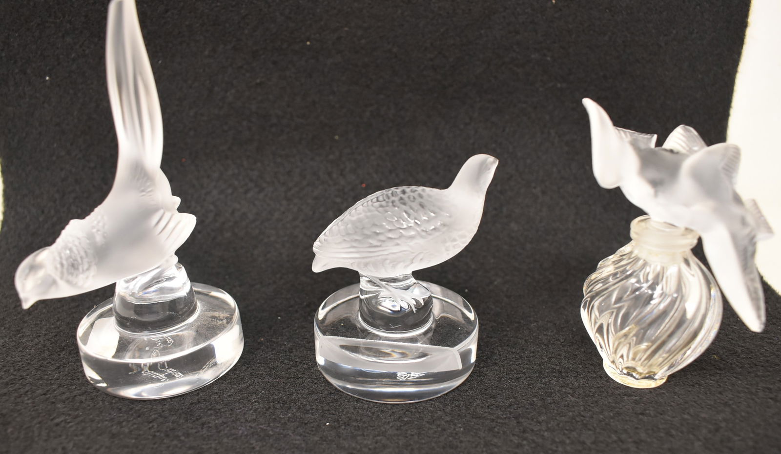 3 Lalique France Crystal Birds: 3 Lalique France Crystal Birds, Paperweight (tip of tail is broken), card holder and perfume.