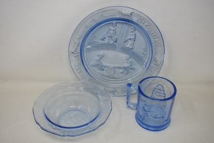 Vintage Nursery Rhyme Blue Glass Dinner Set