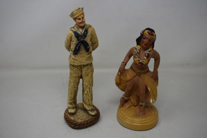 2 Vintage Chalkware Figures, Sailor and Hula Girl