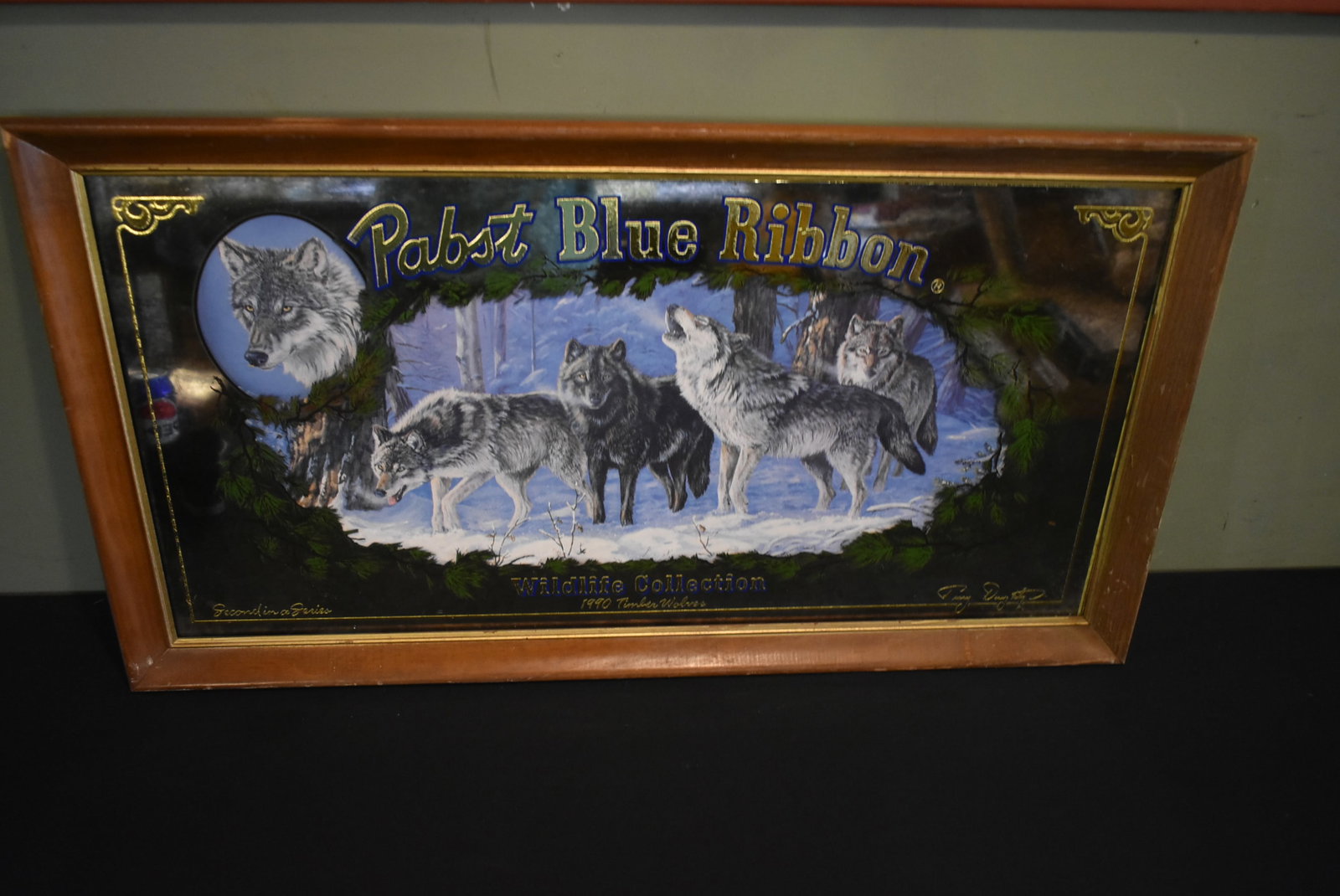 Vintage Pabst Blue Ribbon Beer Wildlife Series Bar Mirror Wolves: Vintage Pabst Blue Ribbon Beer Wildlife Series Bar Mirror/Sign with Wolves. 29"x16". Nice condition.