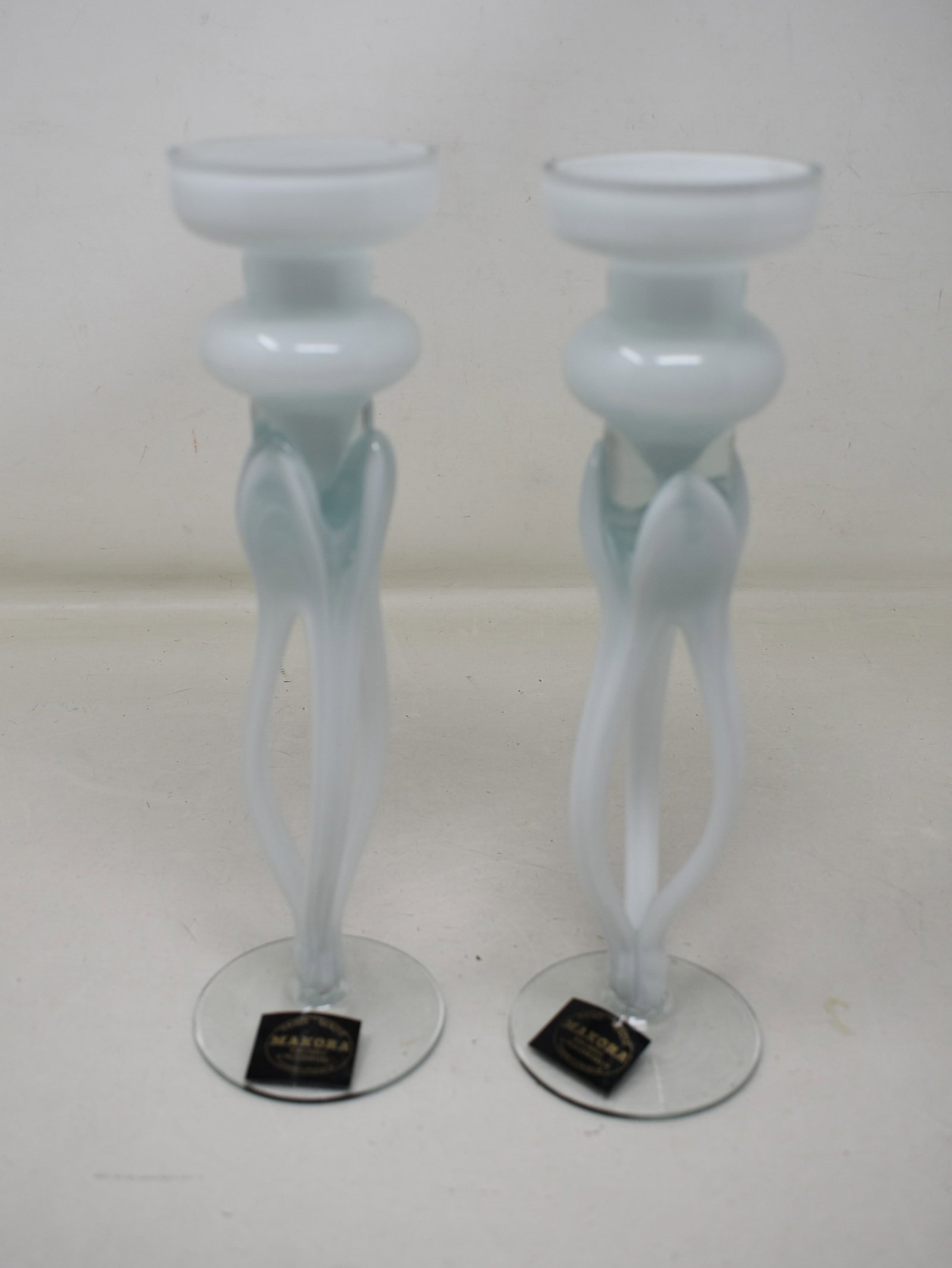 2 Makora Krosno Glass Candle Holders 9.5": 2 Makora Krosno 9.5" Glass Candle Holders. Nice condition, one has a small flea bite on the top edge.