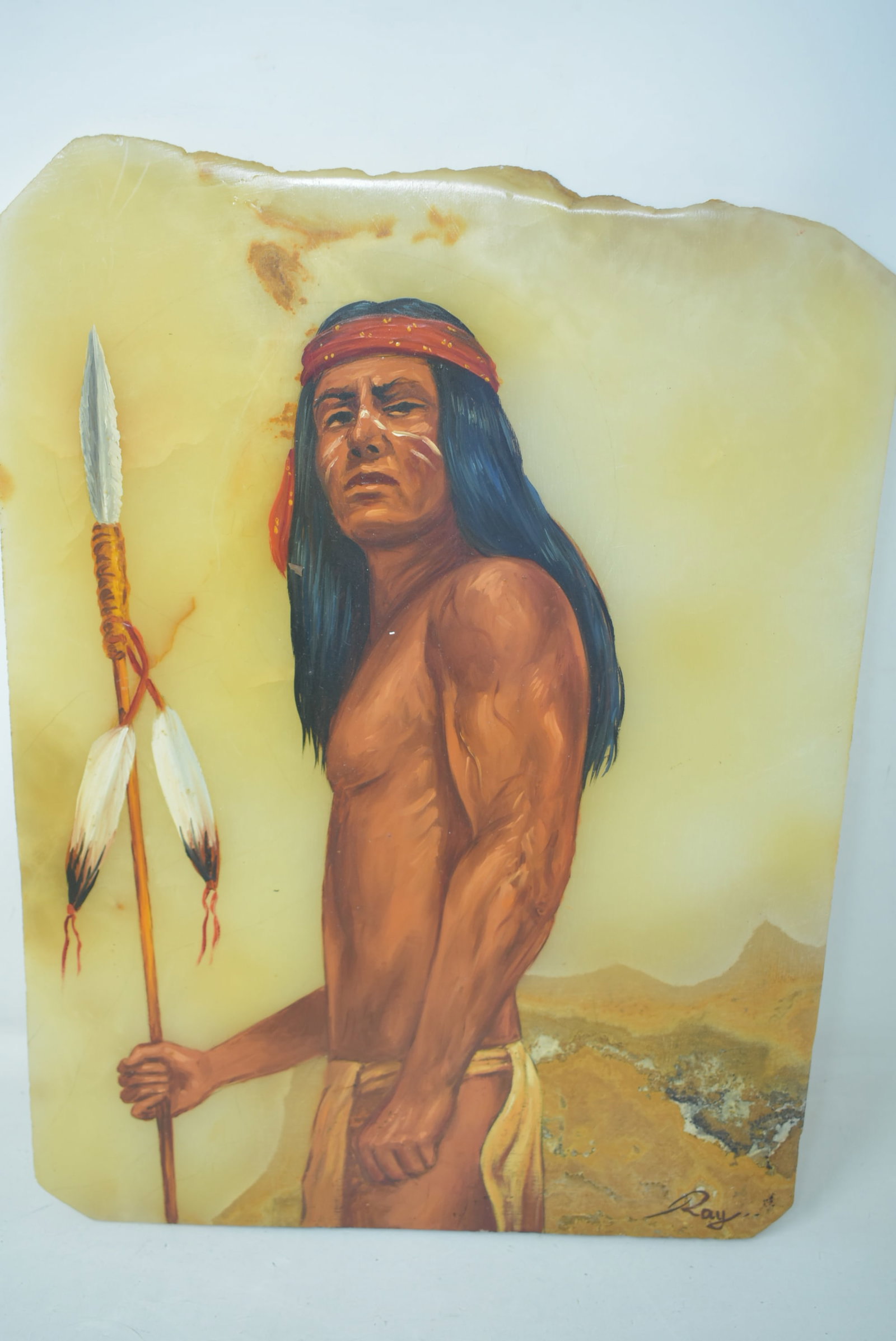 Native American Indian Painting on Marble Signed "Ray": Native American Indian Painted on Marble signed "Ray" lower right corner. It comes in nice condition, 15"x11".