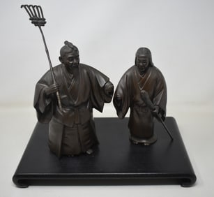 2 Japanese Bronze Takasago Figures Jo & Uba