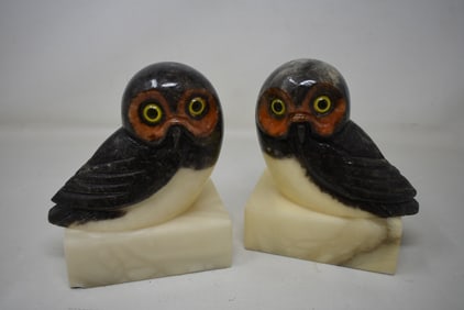 Pair of Vintage Italian Alabaster Owl Bookends with Glass Eyes