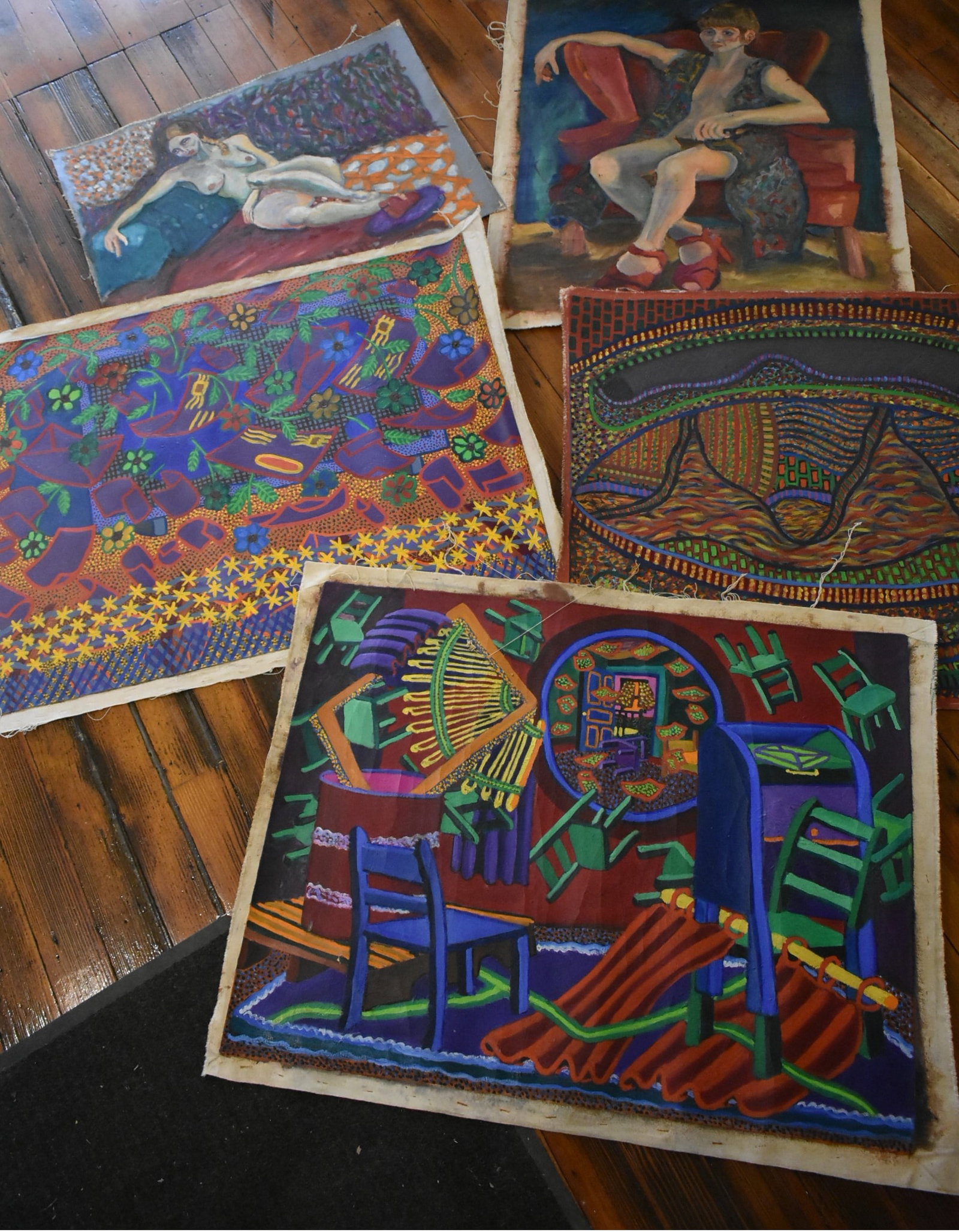 Group of 5 Painted Canvases by Chicago Outside Street Artist Rudy Roth 1970s: A Lot of 5 Painted Canvases by Chicago Outside Street Artist Rudy Roth from the 1970's. The largest measure 38"x30". Good condition. Will come rolled.