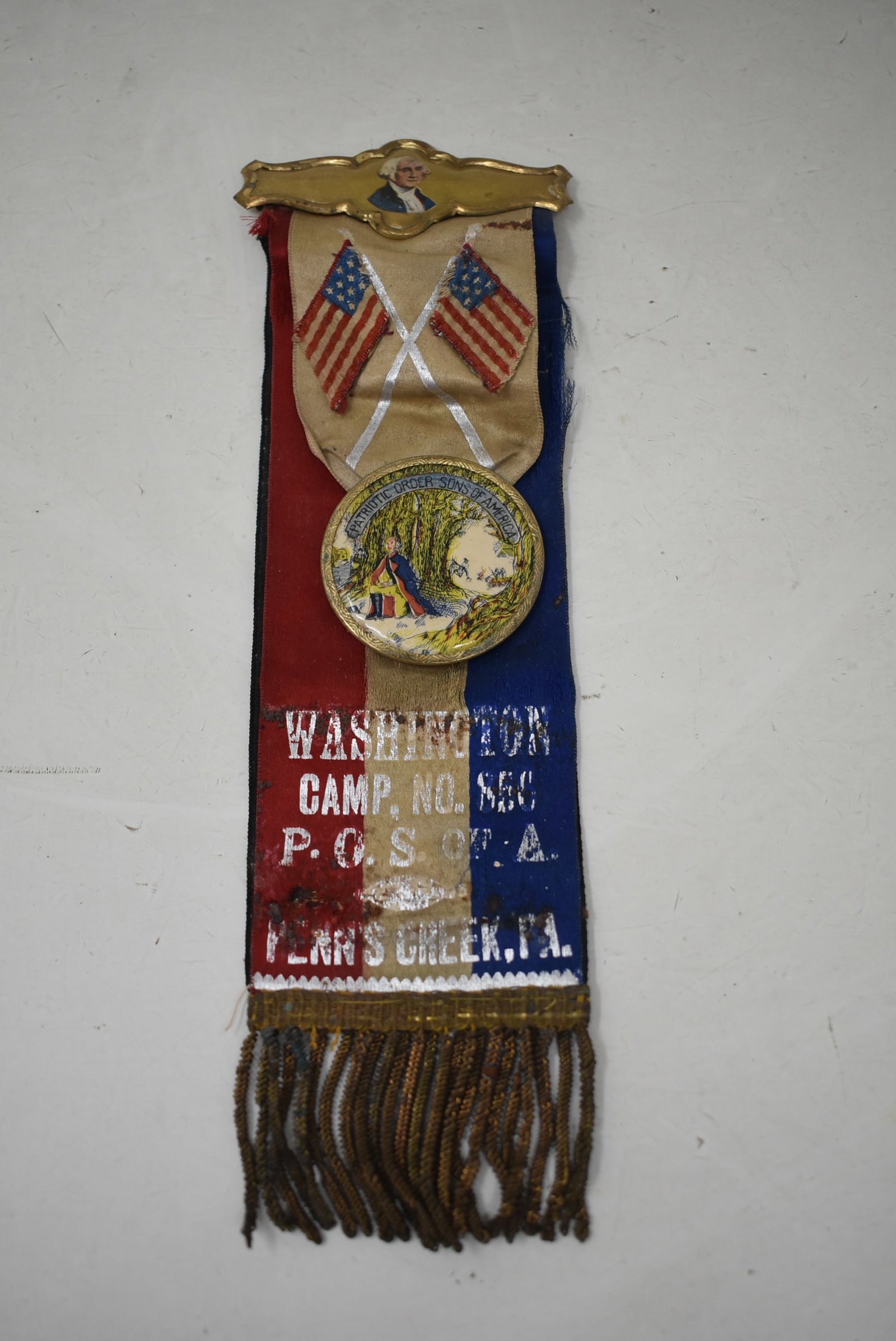 Antique Patriotic Order Sons of America Washington Camp Ribbon 2-Sided: Antique Patriotic Order Sons of America Washington Camp #85, Penn's Creek, PA 2-Sided Ribbon. All original, has some wear. 9"