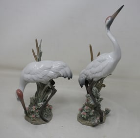 2 Beautiful Lladro Bowing Crane 1613 & Dancing Crane 1614