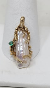 14K Gold Baroque Pearl & Emerald Pendant
