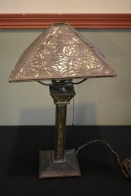 Vintage Art Nouveau Slag Pine Needle Lamp Bronze & Glass