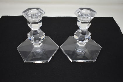 Pair of Val St. Lambert Tiffany & Co 5" Crystal Candlesticks Signed