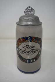 1 Liter Pottery Beer Stein with Inscribed Pewter Lid