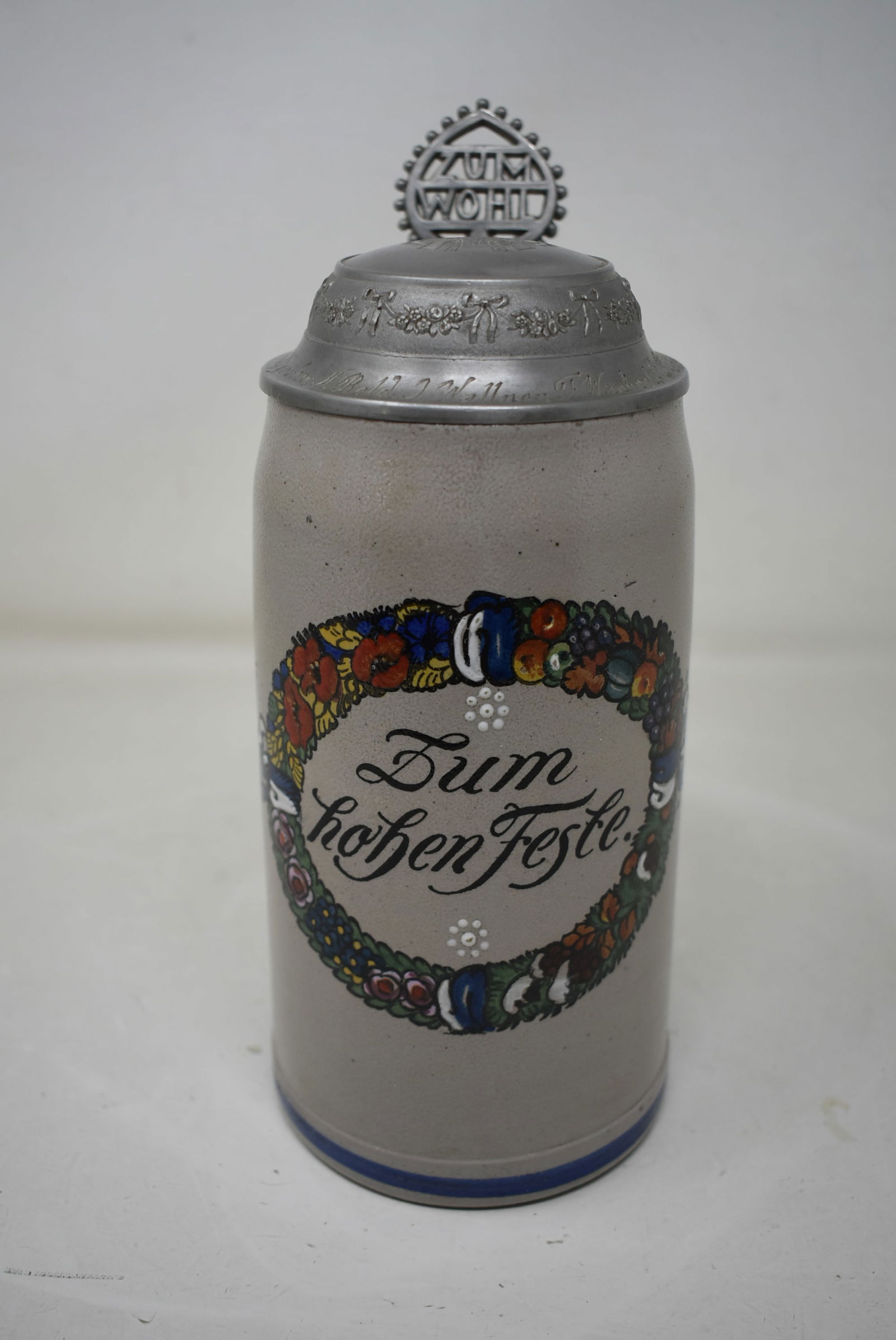 1 Liter Pottery Beer Stein with Inscribed Pewter Lid: 1 Liter Pottery Beer Stein with Inscribed Pewter Lid. In nice condition.