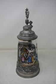 1 Liter Transfer and Painted Glass Beer Stein with Pewter Base & Lid