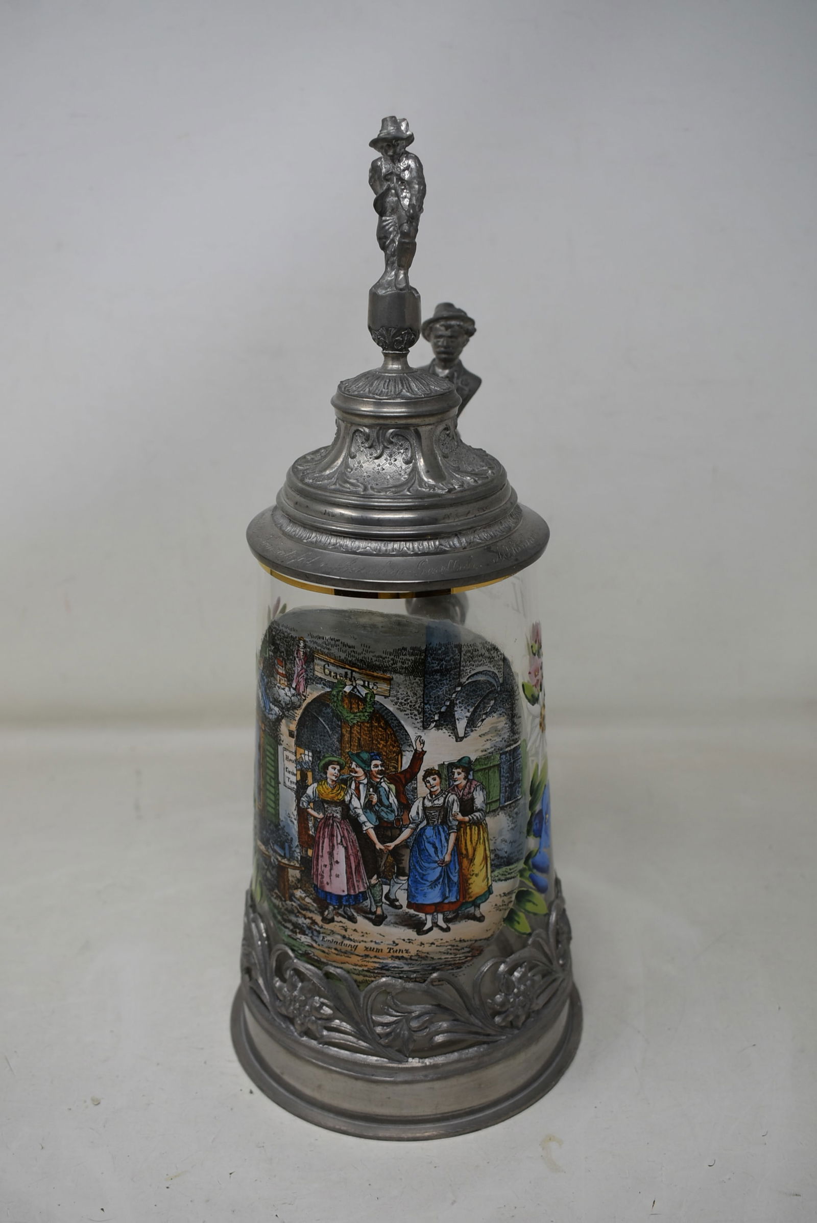 1 Liter Transfer and Painted Glass Beer Stein with Pewter Base & Lid (1 of 7)
