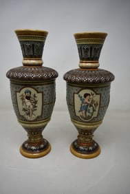 Pair of Mettlach Etched Pottery Vases 1537