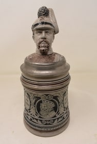 1/2 Liter Pottery Germay Beer Stein wtih Figural Lid German Soldier