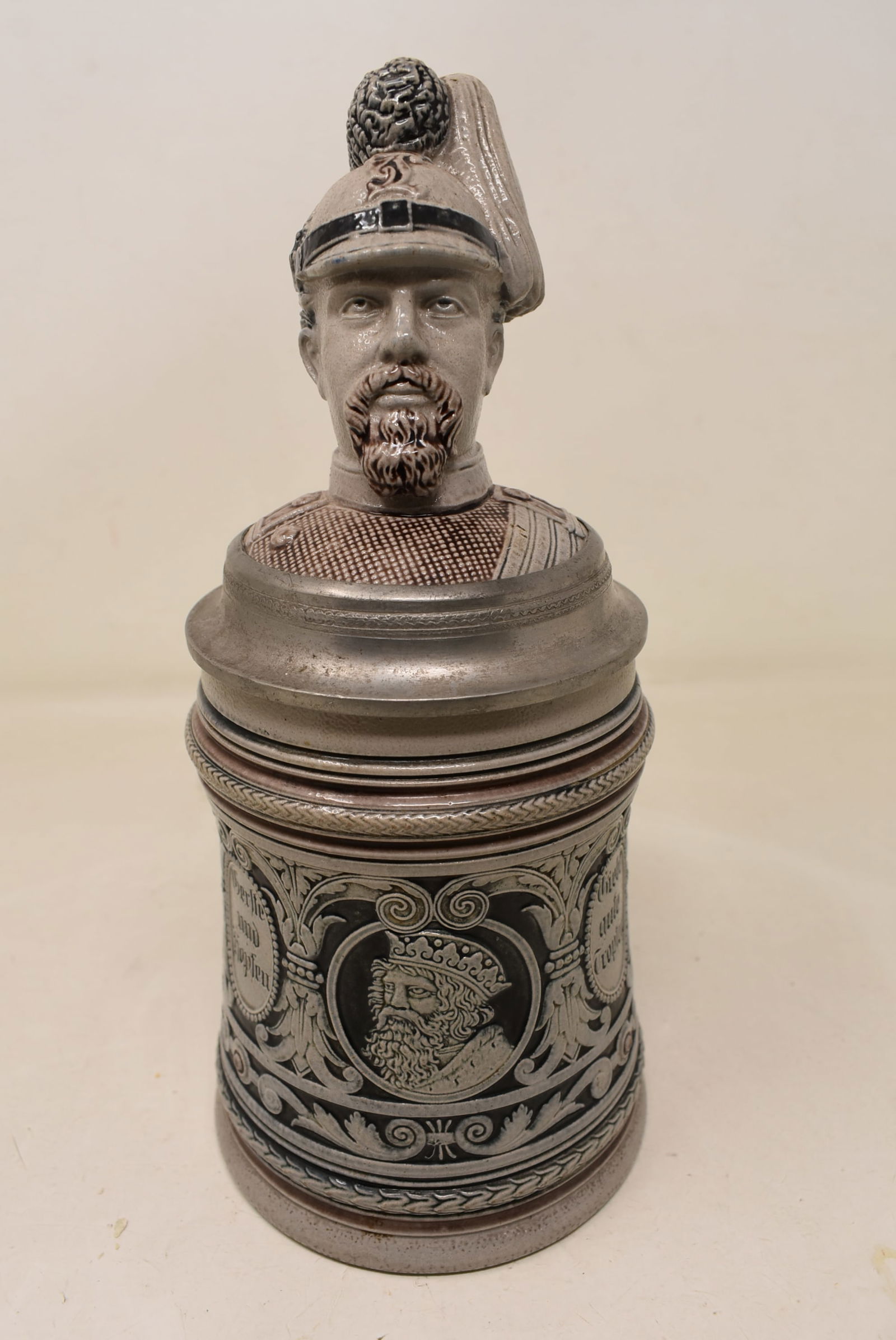 1/2 Liter Pottery Germay Beer Stein wtih Figural Lid German Soldier (1 of 8)