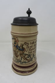 1/2 Liter German Beer Stein with Pewter Lid Woman with Beer & Pipe