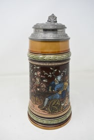 1 Liter Mettlach Etched Beer Stein 1527 with Ornate Pewter Lid w Knight & Sheild