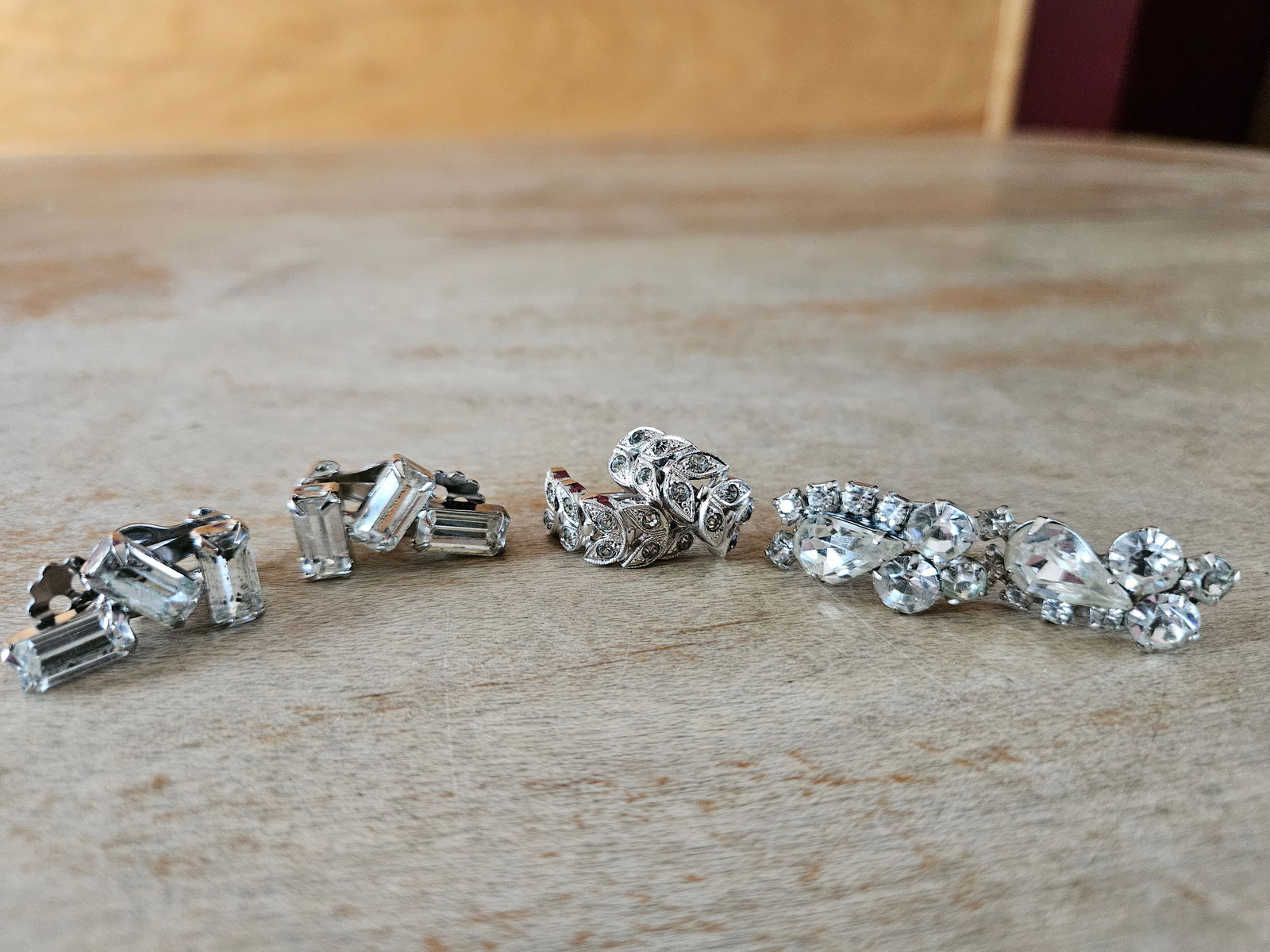 3 Pairs Vintage Rhinestone Earrings Sterling, Weiss, Kramer Clip On (1 of 8)