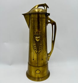 Antique German Secessionist Brass Wine Flagon Pitcher Arts and Crafts Nouveau