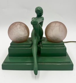 Art Deco Frankart Nude Woman Lamp with 2 pink Crackle Globes
