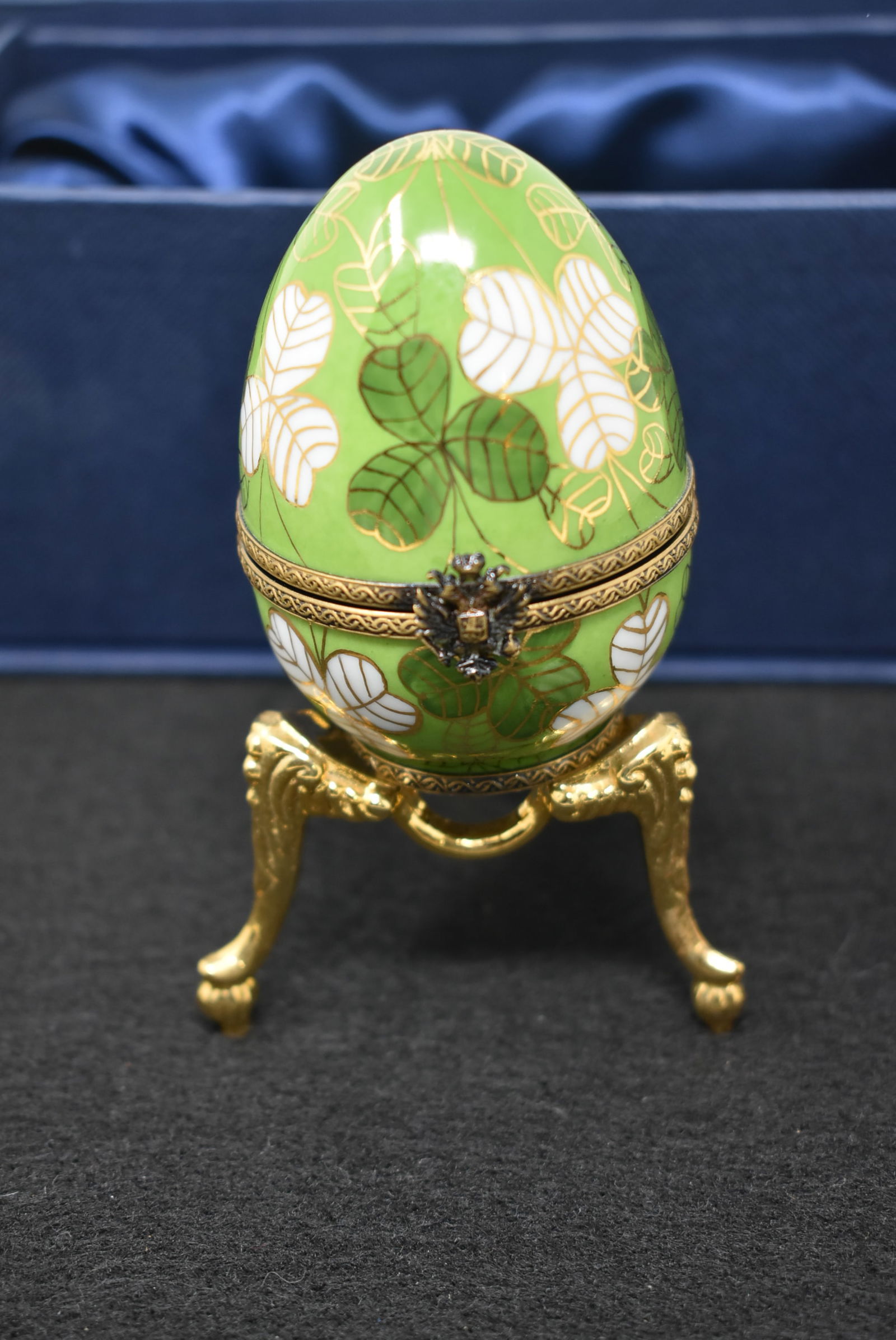Limoges Faberge Imperial Clover Egg 732: Limoges Faberge Imperial Clover Egg no. 732. It has a turtle inside and is in very good condition with no damage.