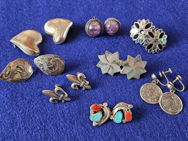 Lot of 8 Pairs of Sterling Silver Earrings Clip On