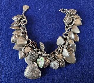 Vintage Puffy Heart Charm Bracelet Sterling Silver