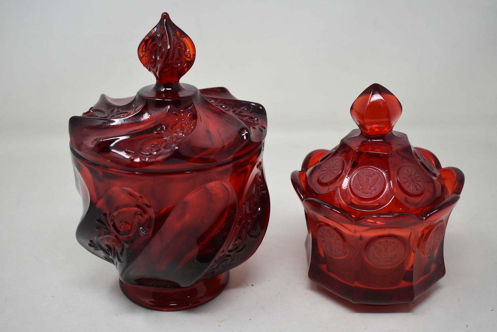 Pair of Ruby Glass Covered Candy Dishes Fenton & Fostoria (1 of 6)