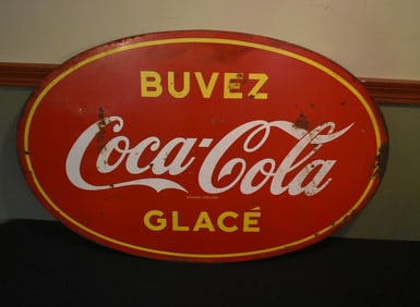 Buvez Glace "Drink Ice Cold" Coca-Cola Sign 1950s