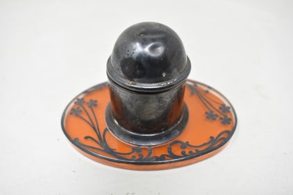 Unusual Inlay Glass and Metal Inkwell