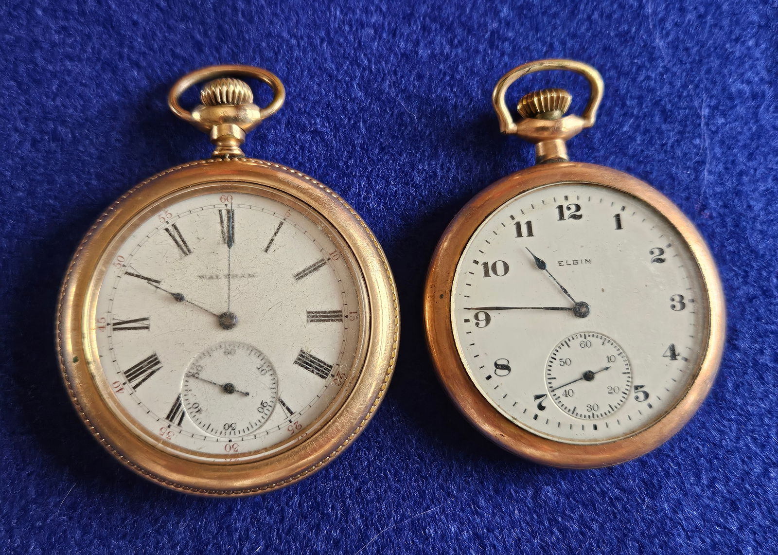 2 Vintage Pocket Watches Elgin & Waltham: Lot of 2 vintage pocket watches, Elgin and Waltham. They are not running.