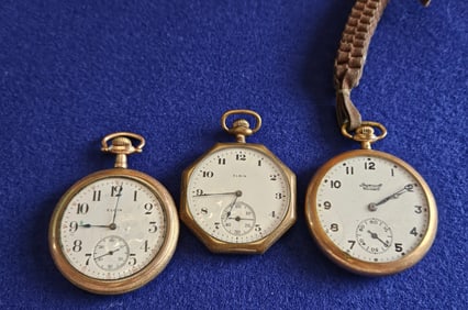 3 Vintage Pocket Watches Elgin & Ingersoll