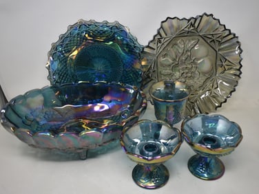 6 Pieces Vintage Blue Carnival Glass