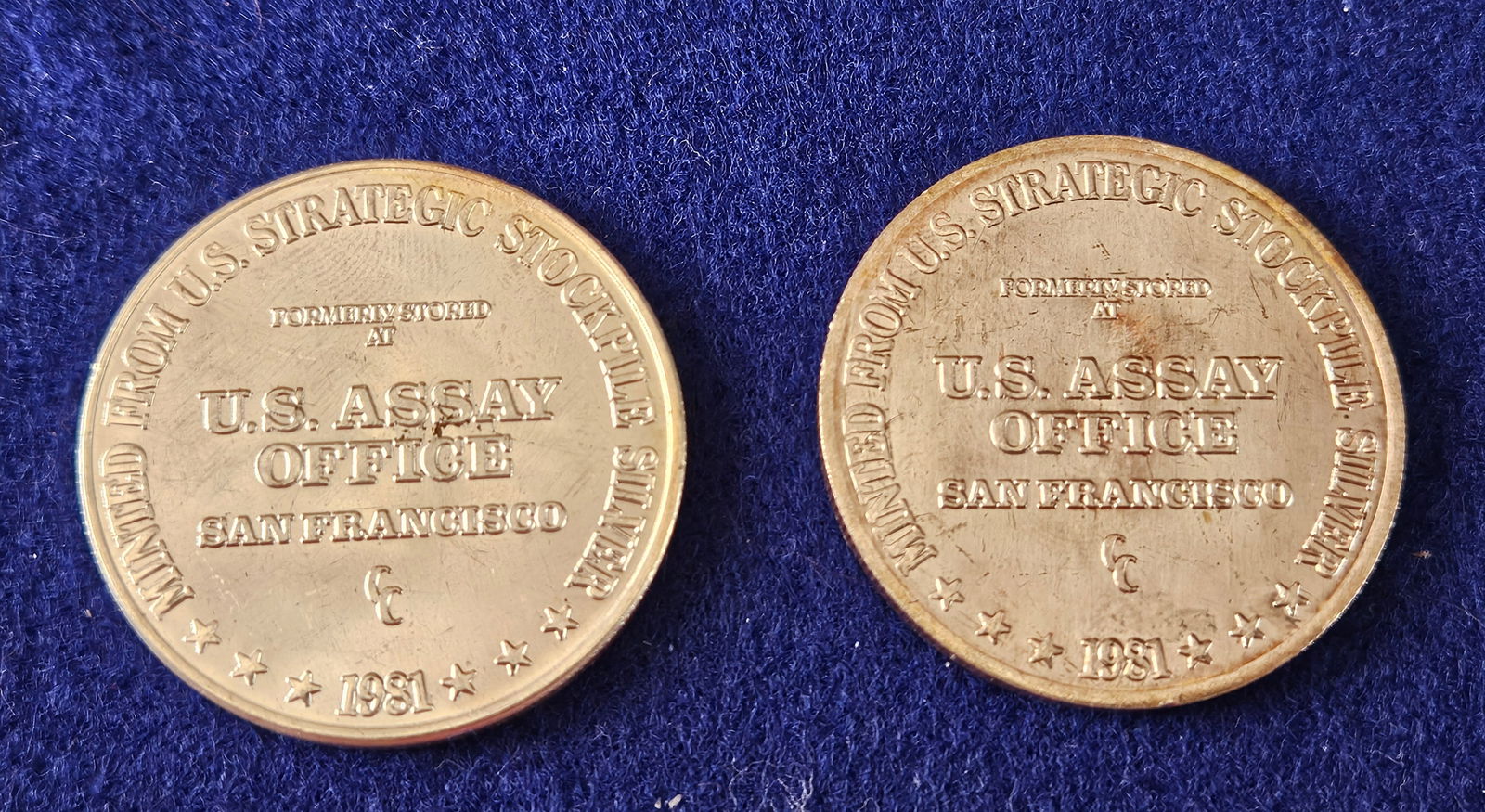2 US Assay Office 1981 CC .999 Silver 1oz Trade Unit Coins (1 of 5)