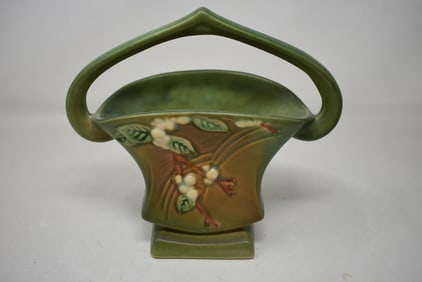 Roseville Pottery Snowberry Green Basket Vase